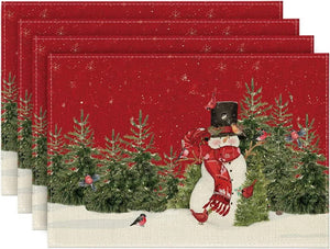 Snowman Cardinals Trees Christmas Placemats for Dining Table, 12 x 18 Inch Seasonal Winter Birds Xmas Table Mats Set of 4 - Lasercutwraps Shop