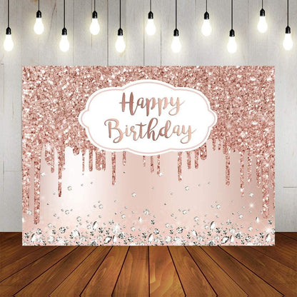 Pink Rose Golden Birthday Party Backdrop Glitter Diamonds Happy Birthday Background - Lasercutwraps Shop