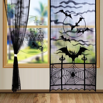 2pcs Black Lace Halloween Window Curtains, Spider Web Bats Door Curtain Panel Decor for Spooky Halloween Holiday Party Decoration, 40 x 84 Inch - Lasercutwraps Shop