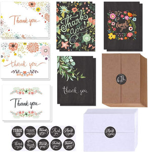 150 Sets Bulk Blank Thank You Cards with Envelopes Stickers Assortment 6 Design of Floral Watercolor Calligraphy Thank You Greeting Cards - Lasercutwraps Shop