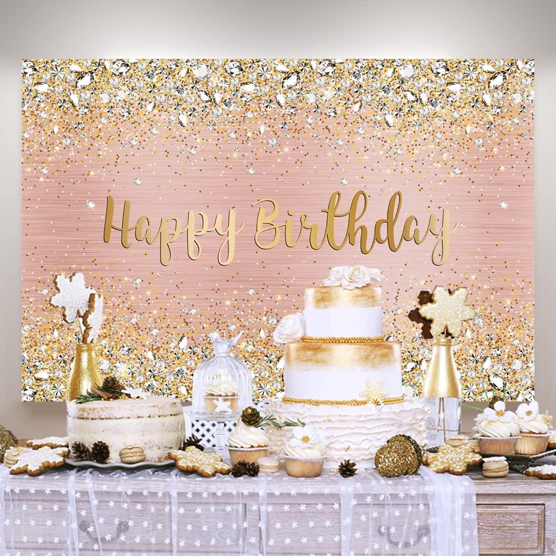 Happy Birthday Backdrop Diamonds Shining Bokeh Pink and Gold Dot Glitter Sparkle Photography Background - Lasercutwraps Shop