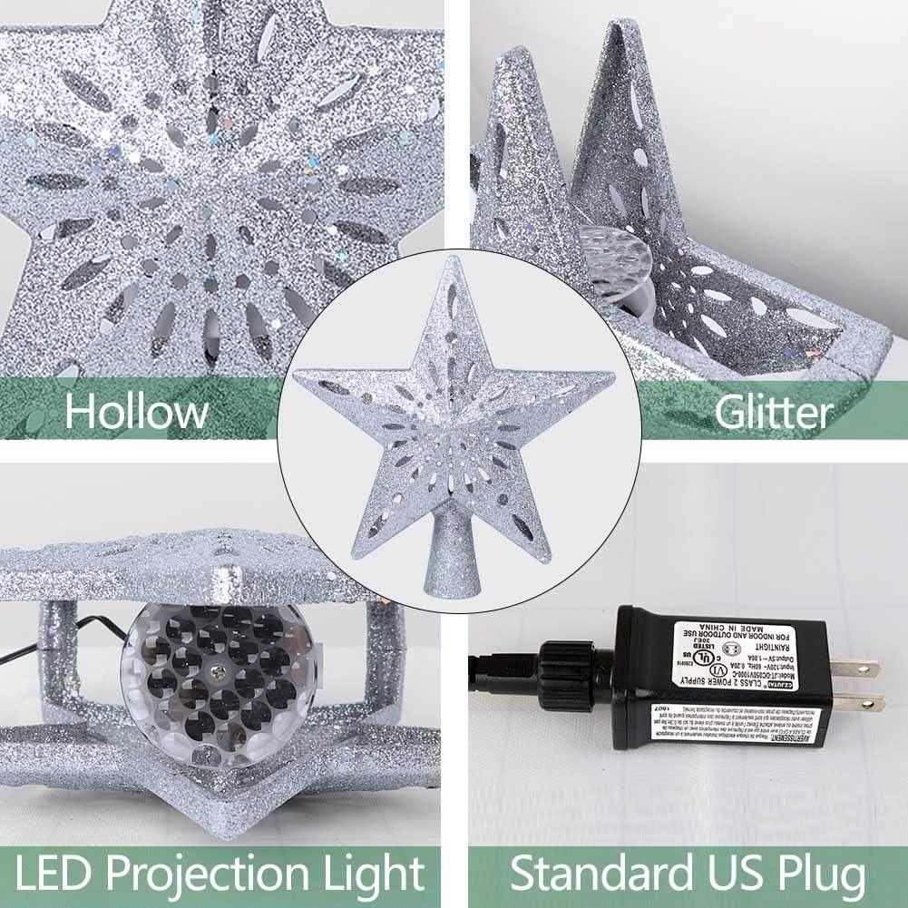 Silver Snowflake Christmas Tree Topper with LED Projected Stars