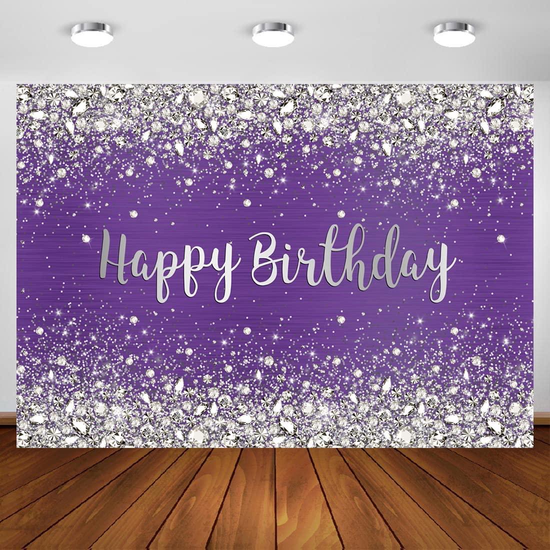 Glitter Purple Diamonds Happy Birthday Backdrop Shinning Silver Bokeh Dots Women Girls Photography Background Sweet 16 Party Decorations - Lasercutwraps Shop