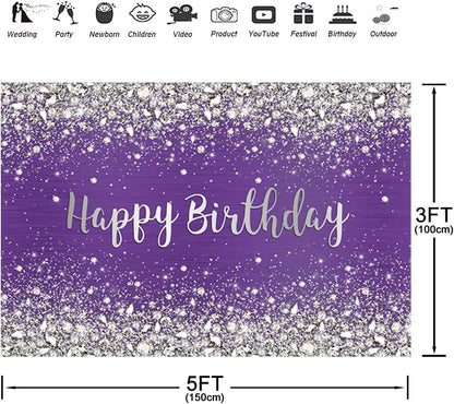 Glitter Purple Diamonds Happy Birthday Backdrop Shinning Silver Bokeh Dots Women Girls Photography Background Sweet 16 Party Decorations - Lasercutwraps Shop