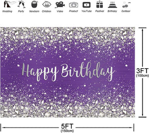 Glitter Purple Diamonds Happy Birthday Backdrop Shinning Silver Bokeh Dots Women Girls Photography Background Sweet 16 Party Decorations - Lasercutwraps Shop