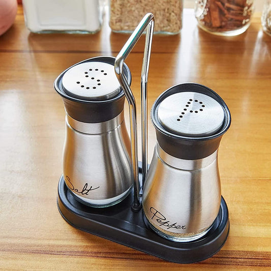 Salt and Pepper Shakers Set with Holder, Unique Stainless Steel and Glass Dispensers for Kitchen Accessories (4oz) - Lasercutwraps Shop
