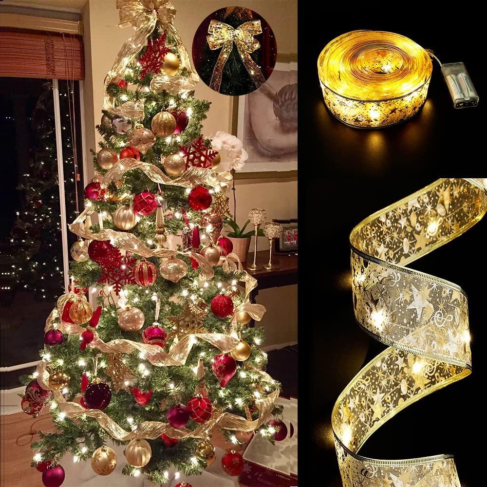Christmas Ribbon Lights 32ft (2X16ft) 100 LED Lights Battery Powered Copper Wire Ribbon Bows String Lights - Lasercutwraps Shop