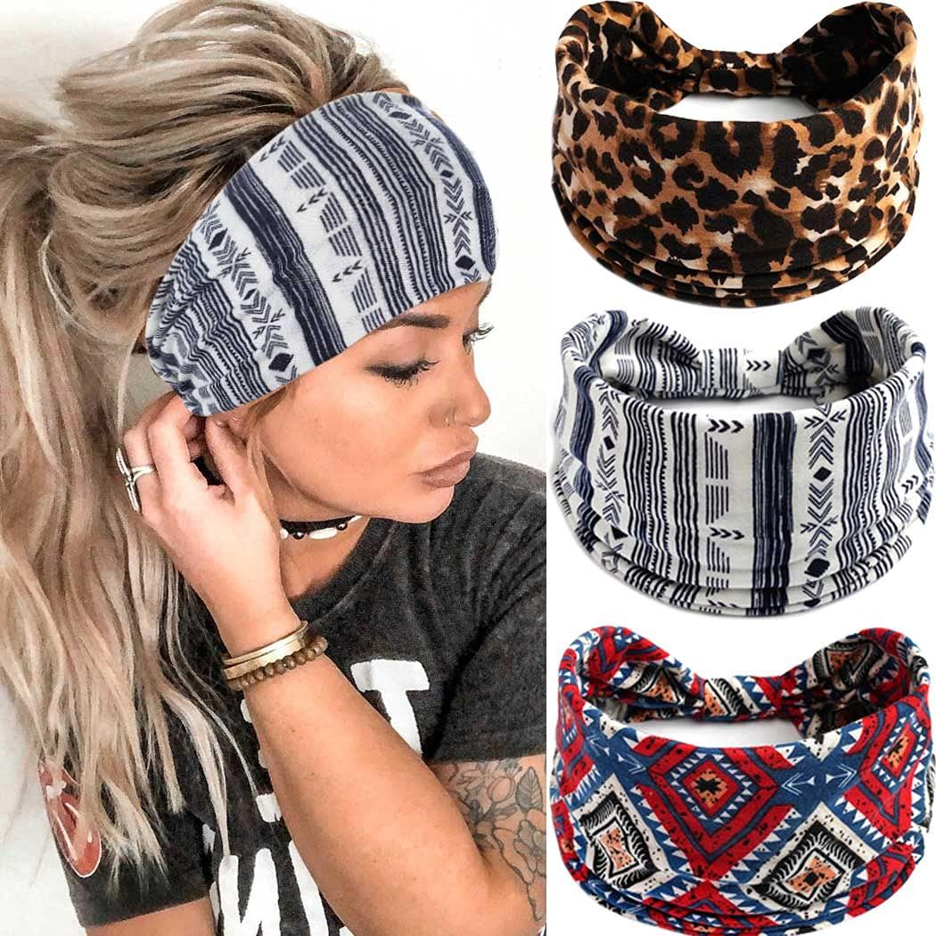Boho Headbands Leopard Hair Bands Knoted Turban Headband Stretch Twist Head Wraps Stripe Cloth Head Bands for Women and Girls 3 Pcs - Lasercutwraps Shop
