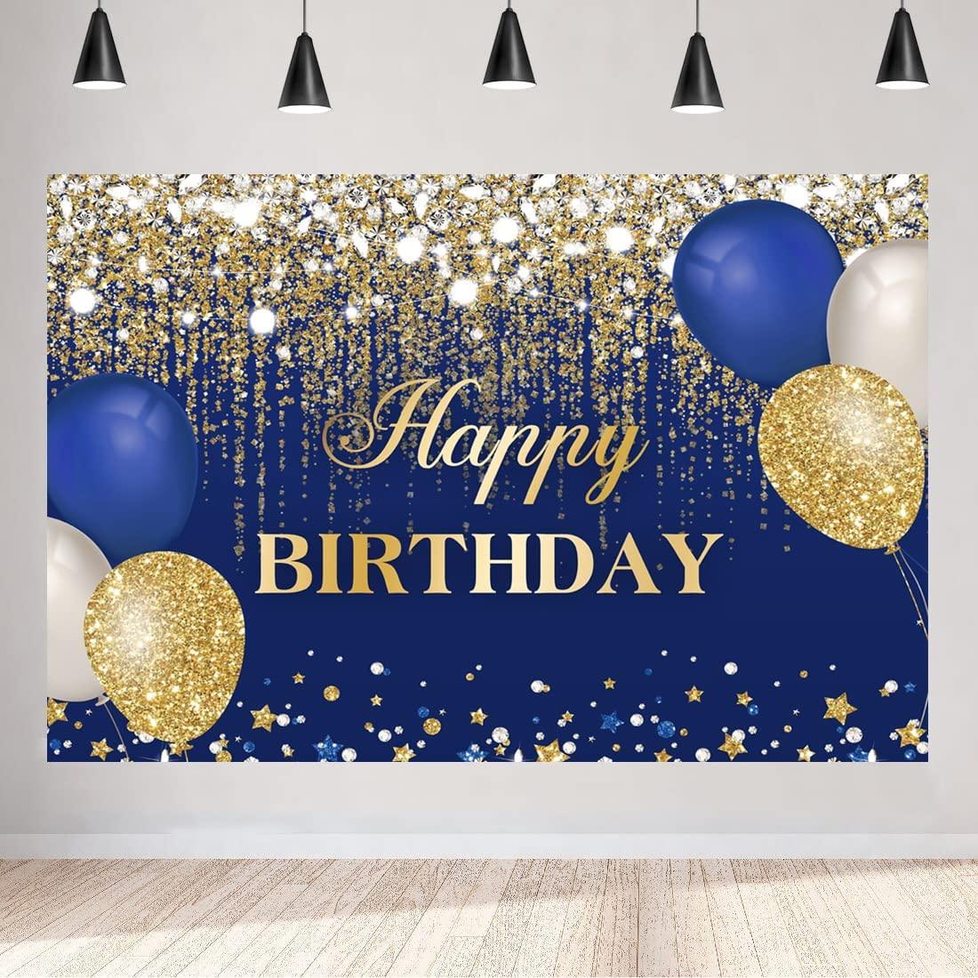 Blue and Gold Happy Birthday Backdrop Glitter Golden Dots Diamonds Balloons - Lasercutwraps Shop