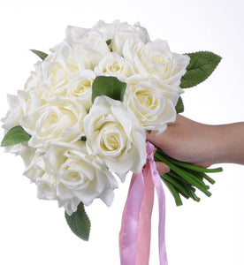 Artificial Flowers Rose Bouquet 2 Pack Fake Flowers Silk Plastic Artificial White Roses 18 Heads Bridal Wedding Bouquet - Lasercutwraps Shop
