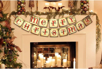 Merry Christmas Banner Vintage Xmas Decorations Indoor for Home Office Party Fireplace Mantle Farmhouse Decor - Lasercutwraps Shop