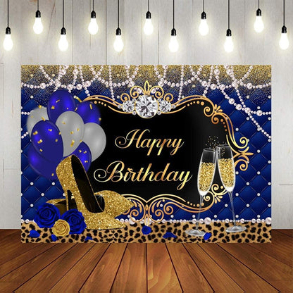 Gold and Royal Blue Birthday Backdrop for Women Happy Birthday Party Background - Lasercutwraps Shop