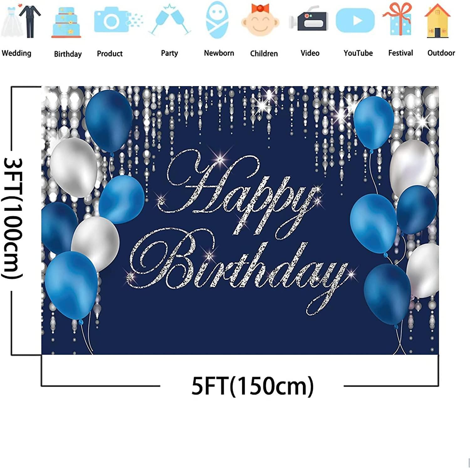 Happy Birthday Backdrop Navy Blue and Silver Happy Birthday Sign Blue Happy Birthday Banner Photo Studio Backdrop - Lasercutwraps Shop