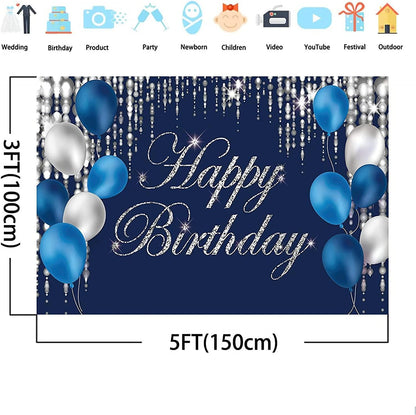 Happy Birthday Backdrop Navy Blue and Silver Happy Birthday Sign Blue Happy Birthday Banner Photo Studio Backdrop - Lasercutwraps Shop