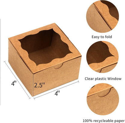 60 Pcs Brown Bakery Boxes with Window 4x4x2.5 Inches Cookie Boxes Kraft Paper Brown Gift Box for Pastries - Lasercutwraps Shop