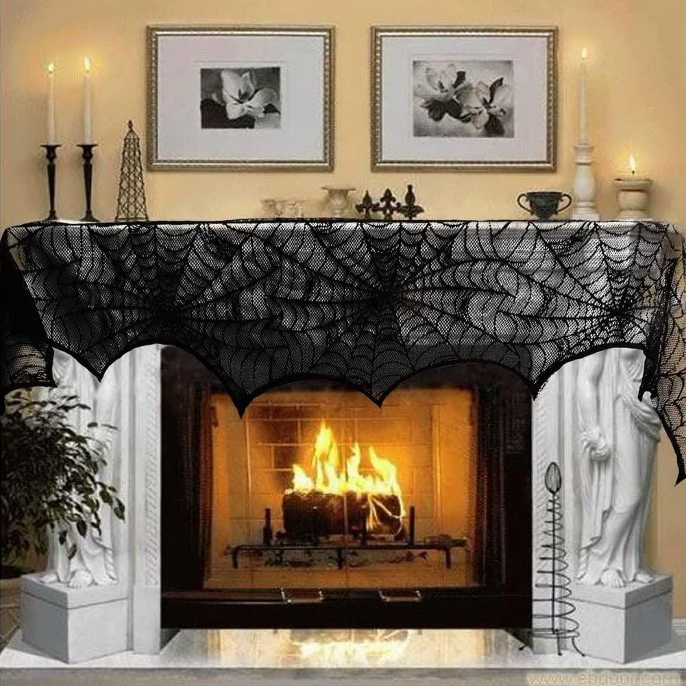 Cobweb Fireplace Scarf Halloween Decoration Black Lace Spiderweb Mantle Scarf Halloween Party Supplies, 18 x 96 inch - Lasercutwraps Shop