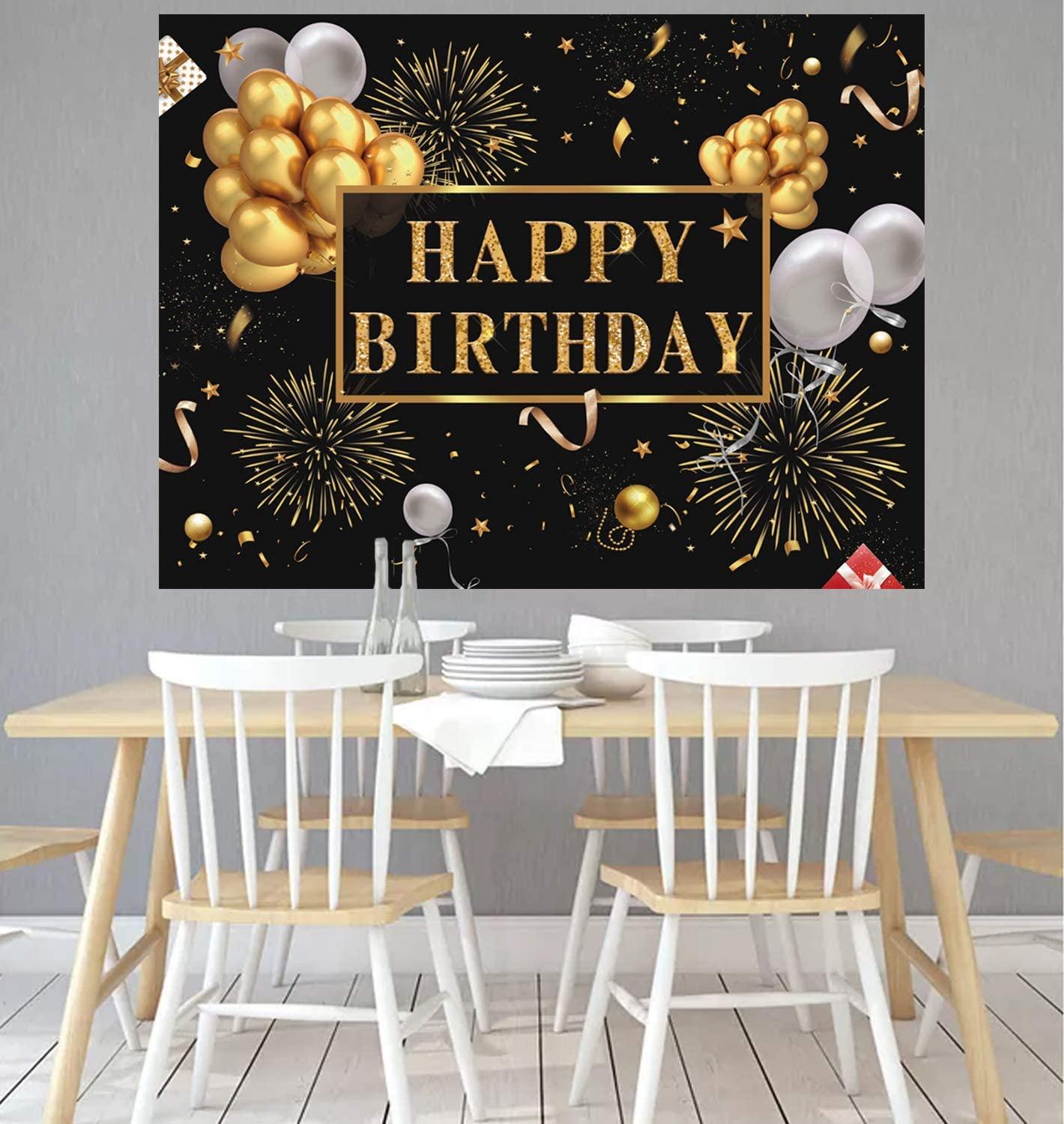 Happy Birthday Backdrop Banner, Birthday Party Decor,Black Gold Poster Photo Booth Backdrop Background - Lasercutwraps Shop