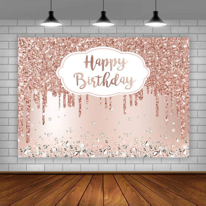 Pink Rose Golden Birthday Party Backdrop Glitter Diamonds Happy Birthday Background - Lasercutwraps Shop