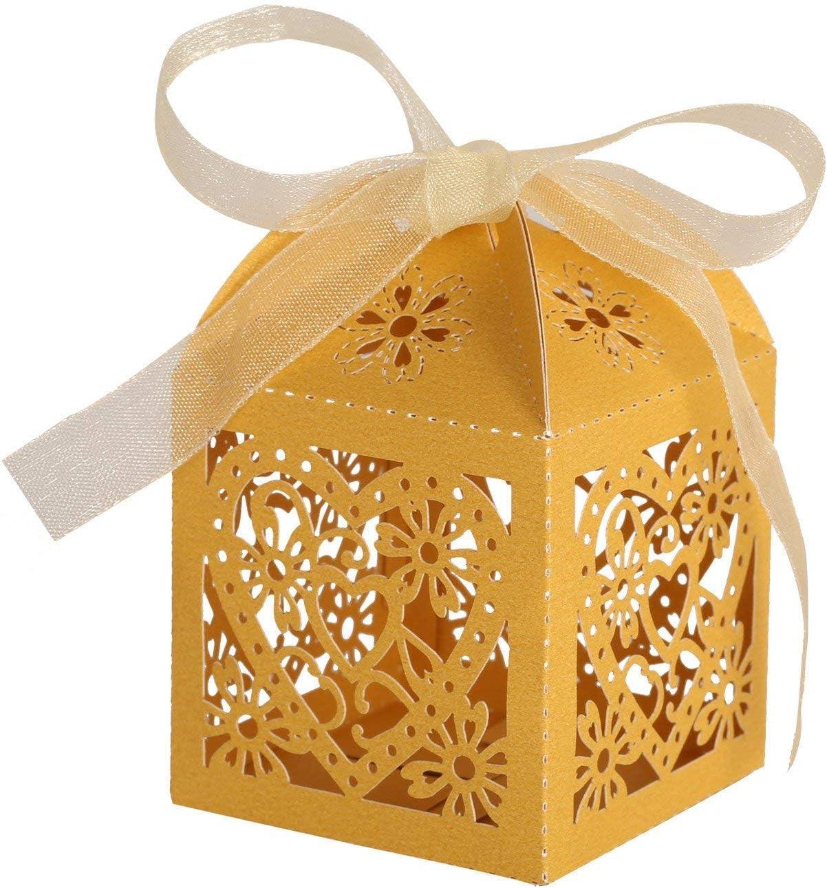 100 Pack Love Heart Laser Cut Wedding Party Favor Box Candy Bag Chocolate Gift Boxes Bridal Birthday Shower Bomboniere with Ribbons - Lasercutwraps Shop