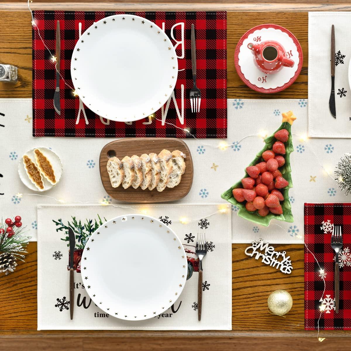 Merry and Bright Buffalo Plaid Christmas Placemats for Dining Table, 12 x 18 Inch Seasonal Winter Washable Table Mats Set of 4 - Lasercutwraps Shop