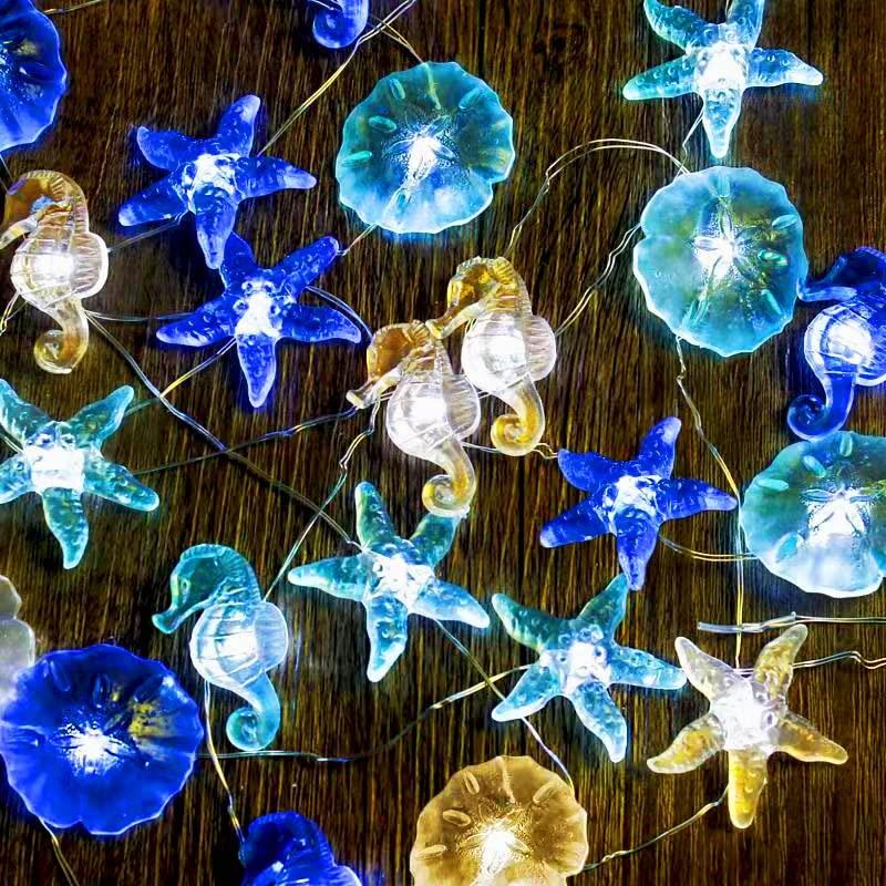 Nautical Theme Decorative String Lights, Under The Sea Sand Dollars Seahorse Beach Lights - Lasercutwraps Shop