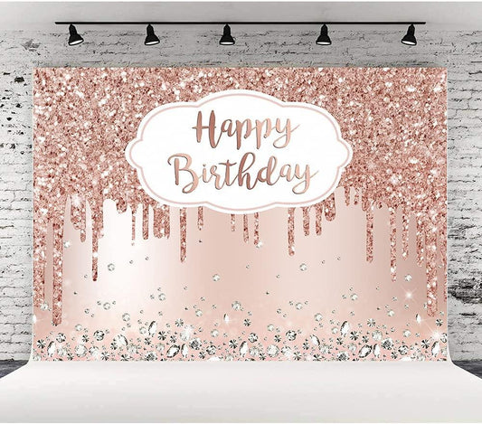 Pink Rose Golden Birthday Party Backdrop Glitter Diamonds Happy Birthday Background - Lasercutwraps Shop