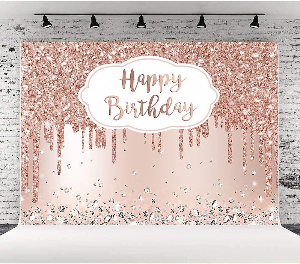 Pink Rose Golden Birthday Party Backdrop Glitter Diamonds Happy Birthday Background - Lasercutwraps Shop