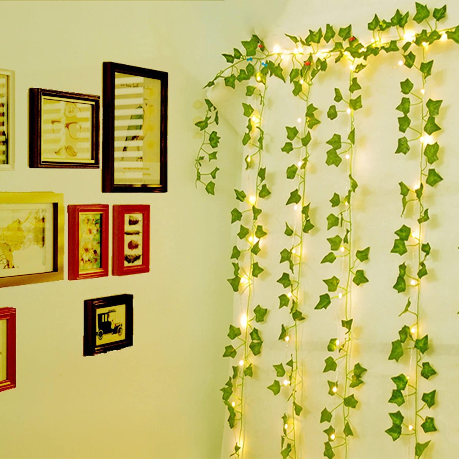 12 Pcs Artificial Ivy Garland Fake Vines with 9.8*9.8Ft Lights String (300 LED) Decor Faux Green Hanging Plant Greenery for Wall Party Wedding Room - Lasercutwraps Shop