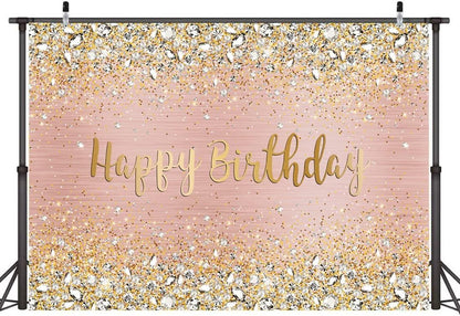 Happy Birthday Backdrop Diamonds Shining Bokeh Pink and Gold Dot Glitter Sparkle Photography Background - Lasercutwraps Shop