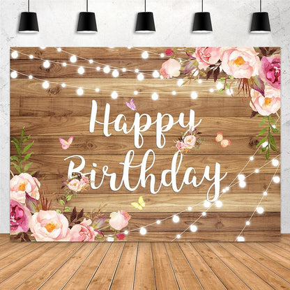 Pink Floral Happy Birthday Backdrop Butterfly Wooden Floor Watercolor Flowers Girls Women Photography Background Banner - Lasercutwraps Shop