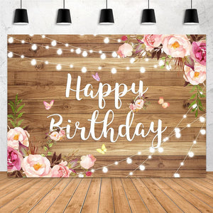 Pink Floral Happy Birthday Backdrop Butterfly Wooden Floor Watercolor Flowers Girls Women Photography Background Banner - Lasercutwraps Shop