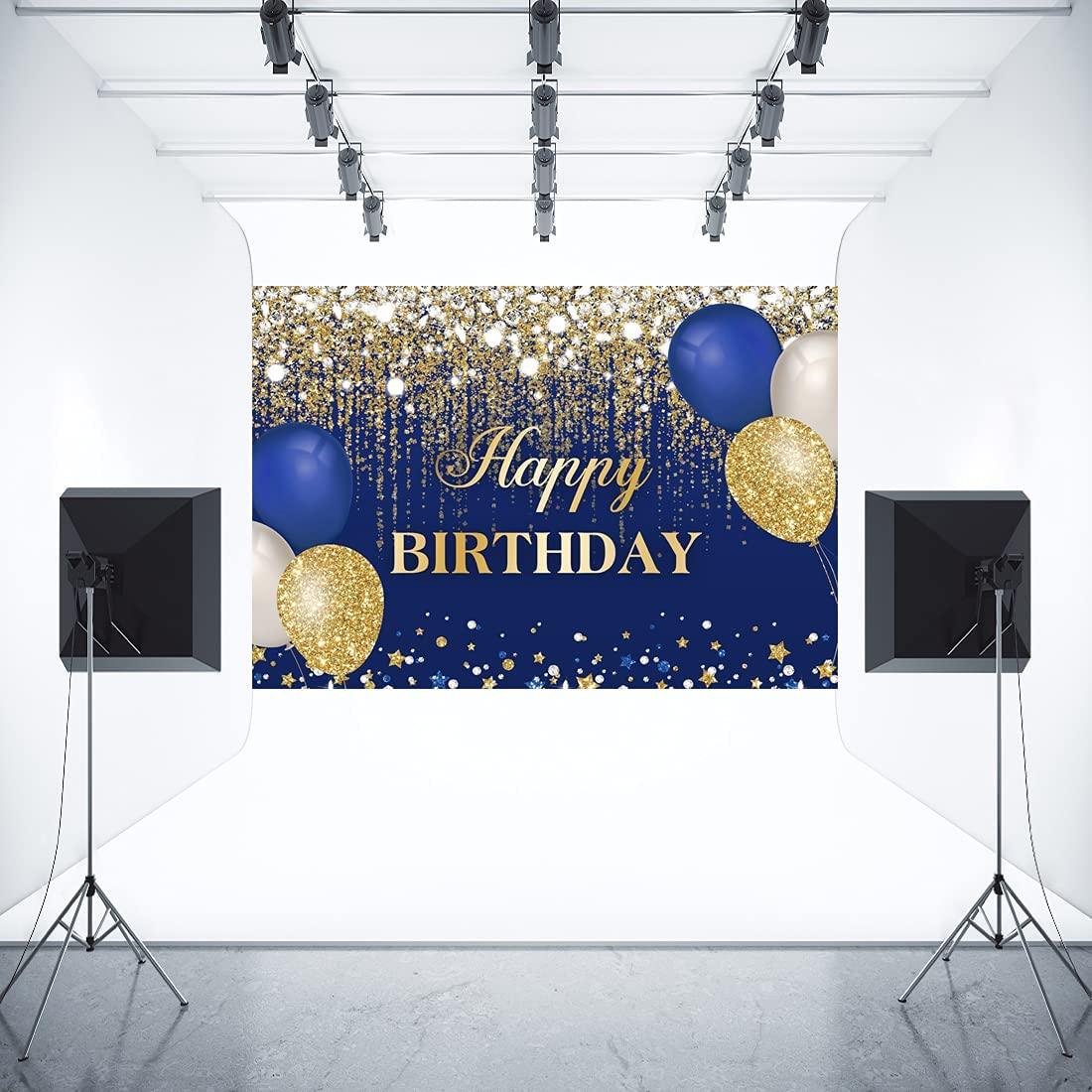 Blue and Gold Happy Birthday Backdrop Glitter Golden Dots Diamonds Balloons - Lasercutwraps Shop