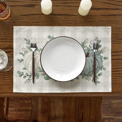 Pumpkins Eucalyptus Leaves Placemats Set of 4, 12x18 Inch Fall Autumn Thanksgiving Harvest Table Mat - Lasercutwraps Shop