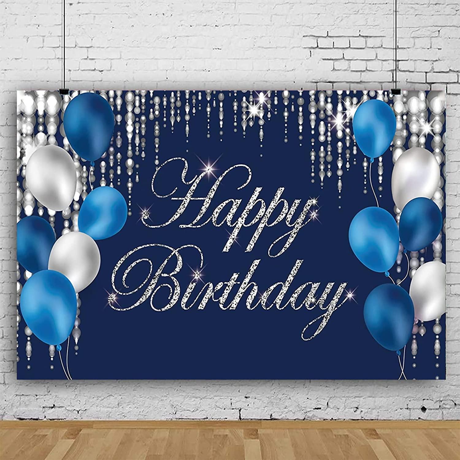 Happy Birthday Backdrop Navy Blue and Silver Happy Birthday Sign Blue Happy Birthday Banner Photo Studio Backdrop - Lasercutwraps Shop