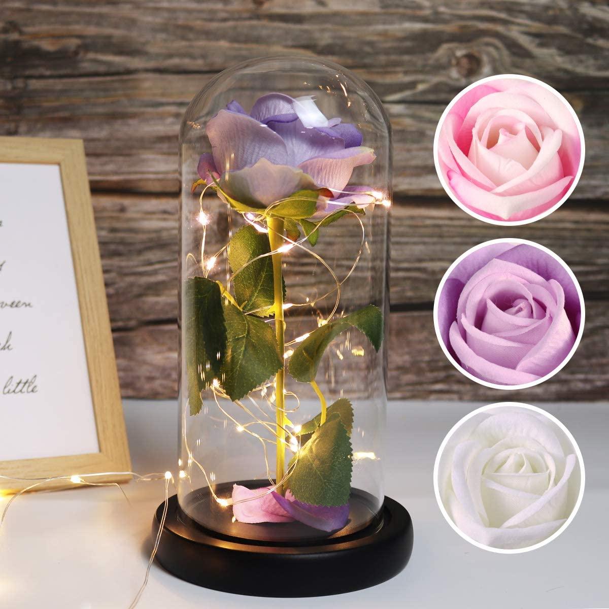 Christmas Rose Gift for her,Women's Gift Birthday Gifts Colorful Artificial Flower Rose Gift Led Light String on Colorful Flower, Last Forever in A Glass Dome, Unique Gift for Her,Thanksgiving Gift - Lasercutwraps Shop