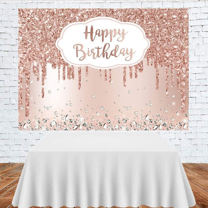 Pink Rose Golden Birthday Party Backdrop Glitter Diamonds Happy Birthday Background - Lasercutwraps Shop