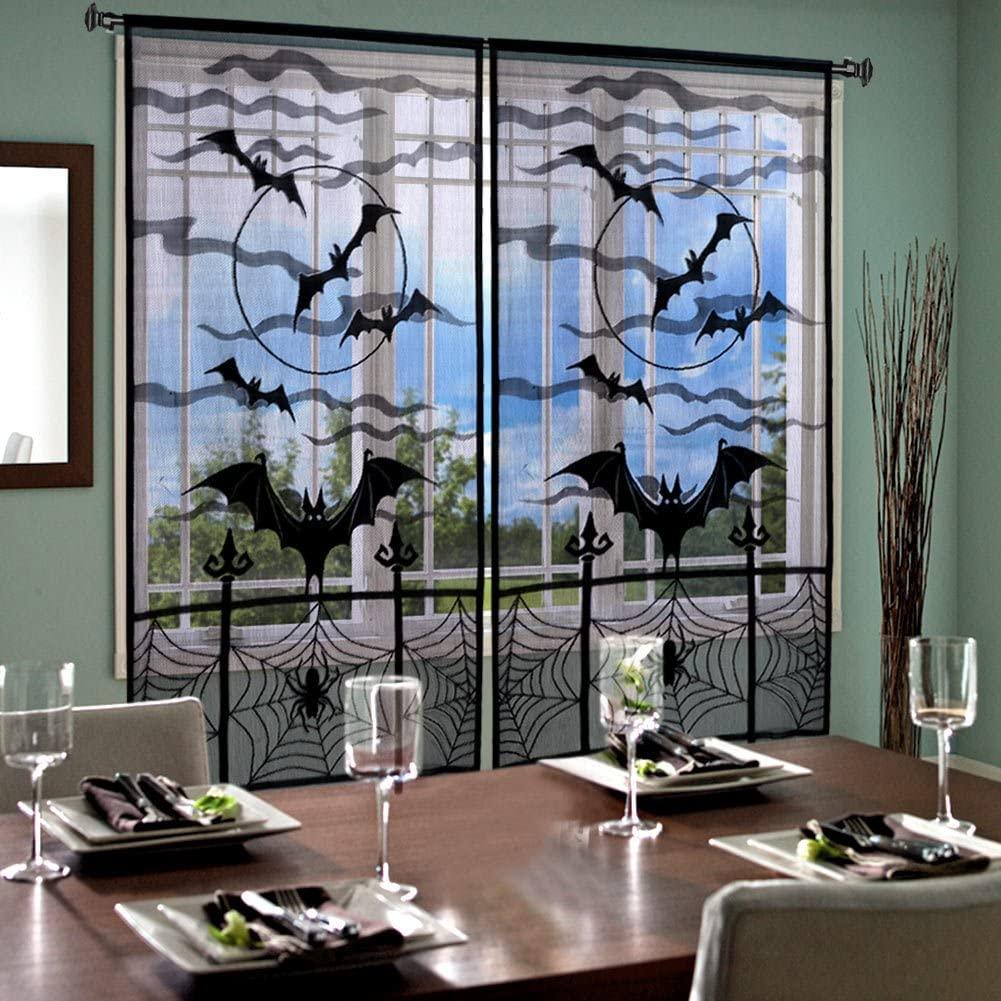 2pcs Black Lace Halloween Window Curtains, Spider Web Bats Door Curtain Panel Decor for Spooky Halloween Holiday Party Decoration, 40 x 84 Inch - Lasercutwraps Shop