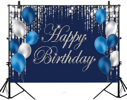 Happy Birthday Backdrop Navy Blue and Silver Happy Birthday Sign Blue Happy Birthday Banner Photo Studio Backdrop - Lasercutwraps Shop