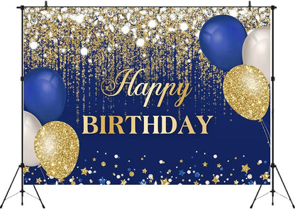 Blue and Gold Happy Birthday Backdrop Glitter Golden Dots Diamonds Balloons - Lasercutwraps Shop