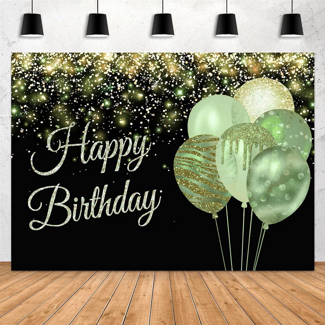 Green Happy Birthday Backdrop Glitter Balloons Gold Sparkle Sequins Dots Sweet 16th Girls Women Photography Background - Lasercutwraps Shop