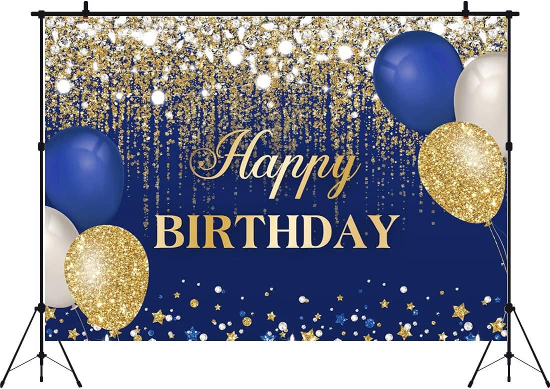 Blue and Gold Happy Birthday Backdrop Glitter Golden Dots Diamonds Balloons - Lasercutwraps Shop