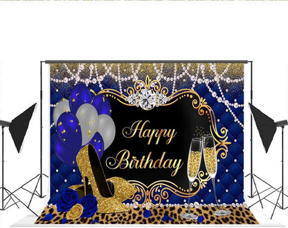 Gold and Royal Blue Birthday Backdrop for Women Happy Birthday Party Background - Lasercutwraps Shop