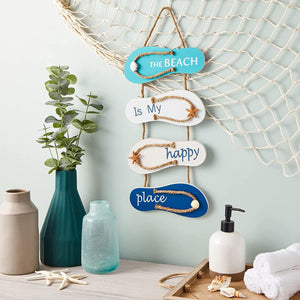The Beach is My Happy Place Sign, Hanging Nautical Flip Flop Wall Sign Ornament for Home and Beach Bathroom Decor (8.5 x 20 In) - Lasercutwraps Shop
