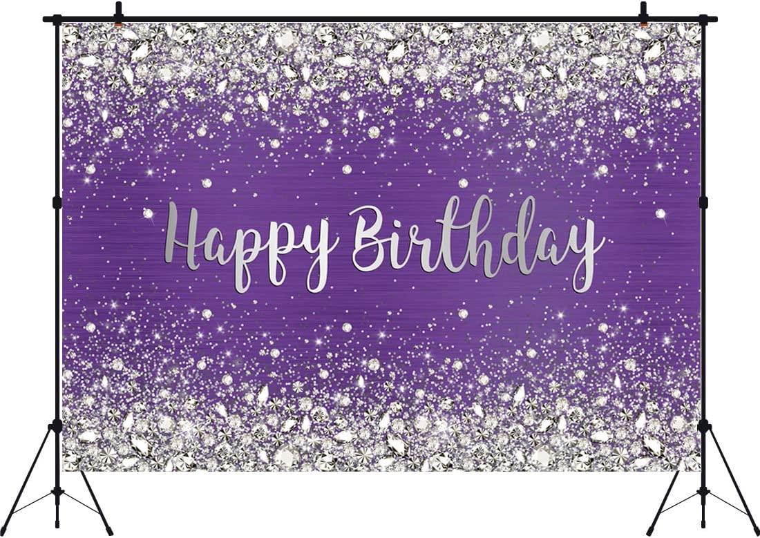 Glitter Purple Diamonds Happy Birthday Backdrop Shinning Silver Bokeh Dots Women Girls Photography Background Sweet 16 Party Decorations - Lasercutwraps Shop