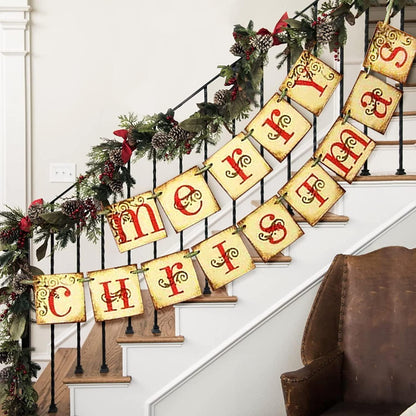 Merry Christmas Banner Vintage Xmas Decorations Indoor for Home Office Party Fireplace Mantle Farmhouse Decor - Lasercutwraps Shop