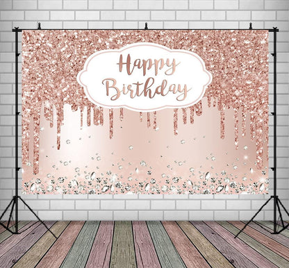 Pink Rose Golden Birthday Party Backdrop Glitter Diamonds Happy Birthday Background - Lasercutwraps Shop