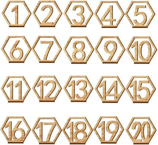 Hexagon Wooden Table Numbers, 1-20 Wedding Table Numbers with Holder Base for Wedding Decoration - Lasercutwraps Shop