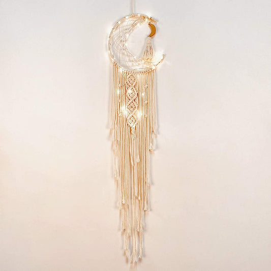 Moon Dream Catcher Wall Decor, Macrame Wall Hanging Boho Dream Catcher with LED String Light Craft Gifts for Kids Teenage Girls Bedroom Bohemian - Lasercutwraps Shop