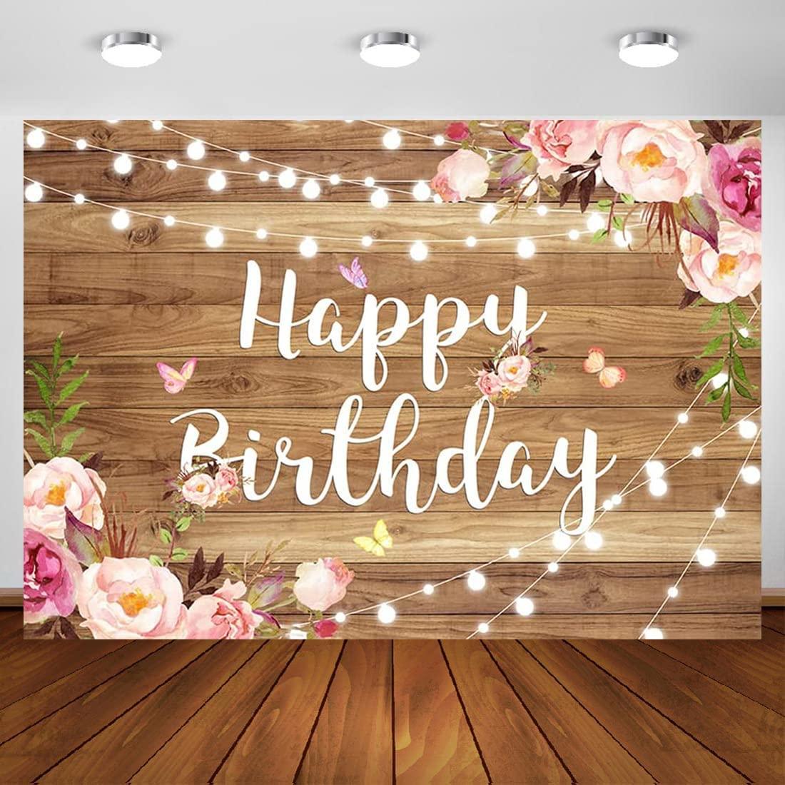 Pink Floral Happy Birthday Backdrop Butterfly Wooden Floor Watercolor Flowers Girls Women Photography Background Banner - Lasercutwraps Shop