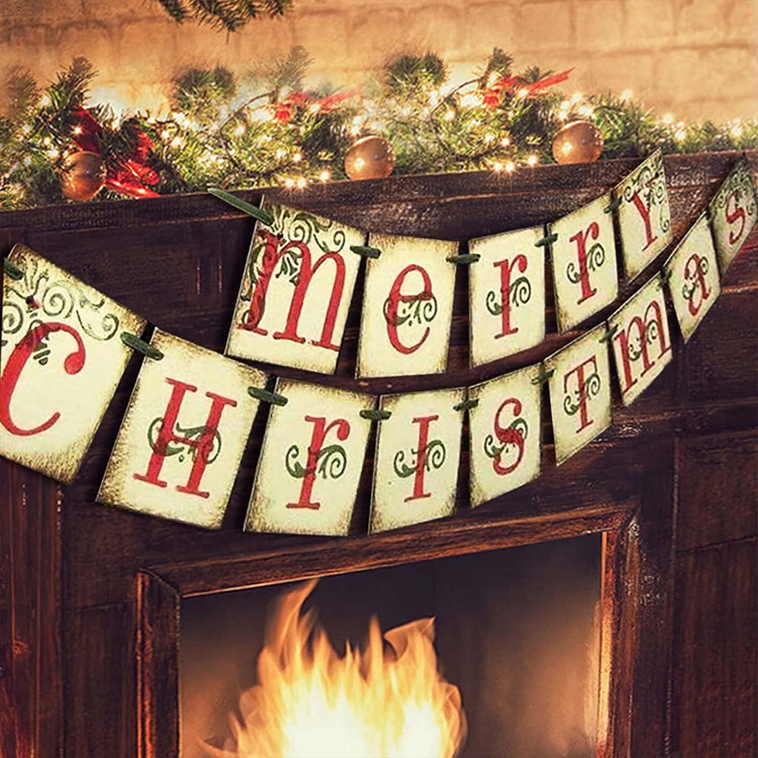 Merry Christmas Banner Vintage Xmas Decorations Indoor for Home Office Party Fireplace Mantle Farmhouse Decor - Lasercutwraps Shop